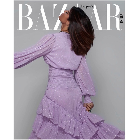 ROCOCO SAND Lilac Puff Long Sleeve Smocked Waist Asymmetric Tier Ruffle Dress S - Picture 6 of 8